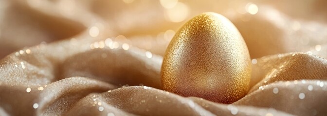 Fototapeta premium Luxurious golden Easter egg on shimmery fabric. Close-up view