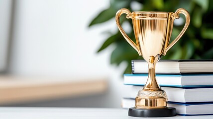 Golden trophy on desk beside stacked books with blurred greenery in background