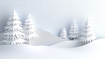 Obraz premium Minimalist winter landscape with snow-covered trees and hills, in paper-cut art style