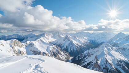 Naklejka premium Snow-covered mountains under bright blue sky