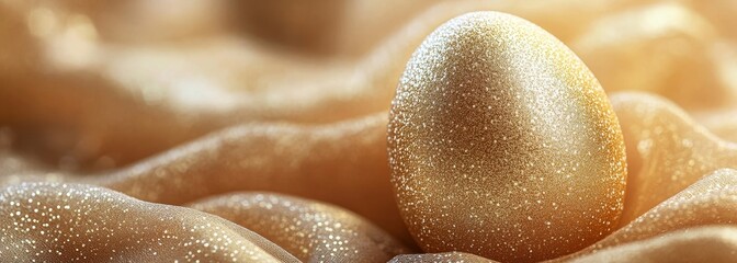 Fototapeta premium Luxurious golden Easter egg on shimmery fabric. Close-up view