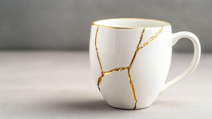 White ceramic mug repaired with gold, showcasing kintsugi technique
