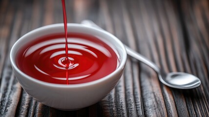 Pouring red syrup into white bowl with spoon on wooden background