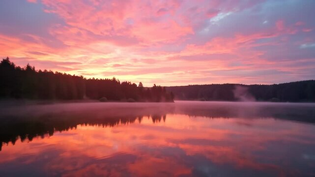View of a lake with a fogy surface and trees in the background