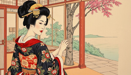 Elegant woman in traditional kimono by serene lake, cultural beauty
