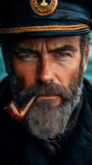 Portrait of an old sea captain from the 19th century with a wooden pipe in his mouth. Sailor with a beard and captain's uniform, looking serious.