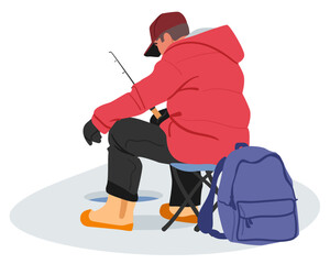 Obraz premium View from back of fisherman cartoon character sitting on chair with rod fishing in ice lake hole