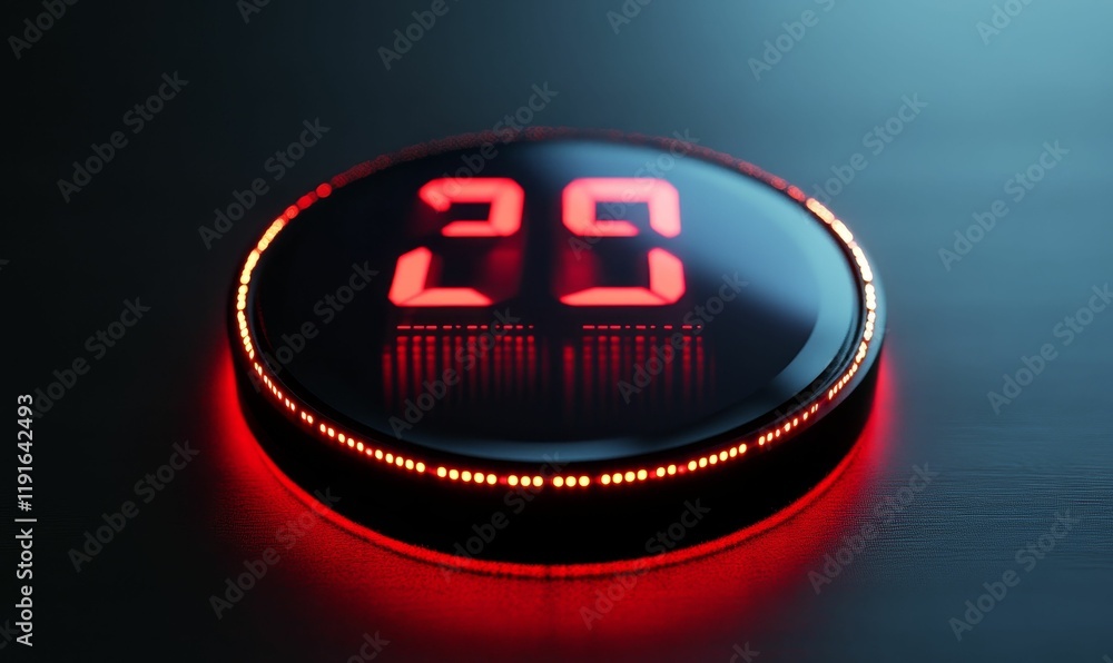 Poster circular device displays red twenty-nine; led lights illuminate.