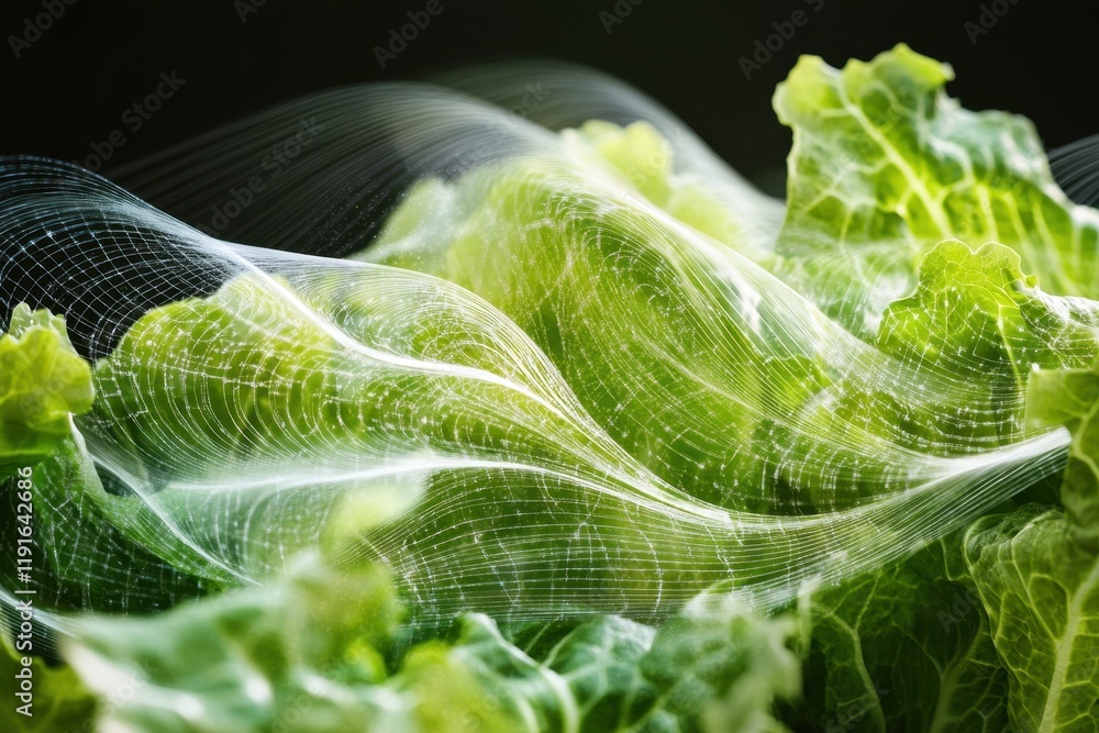 Poster fresh green lettuce leaves with flowing abstract light patterns in dark background