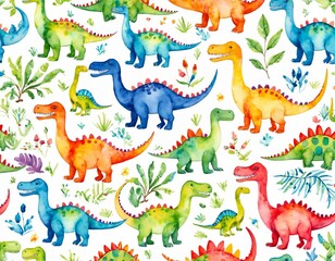 Obraz premium Colorful Watercolor Dinosaurs Pattern with Leaves and Flowers for Kids