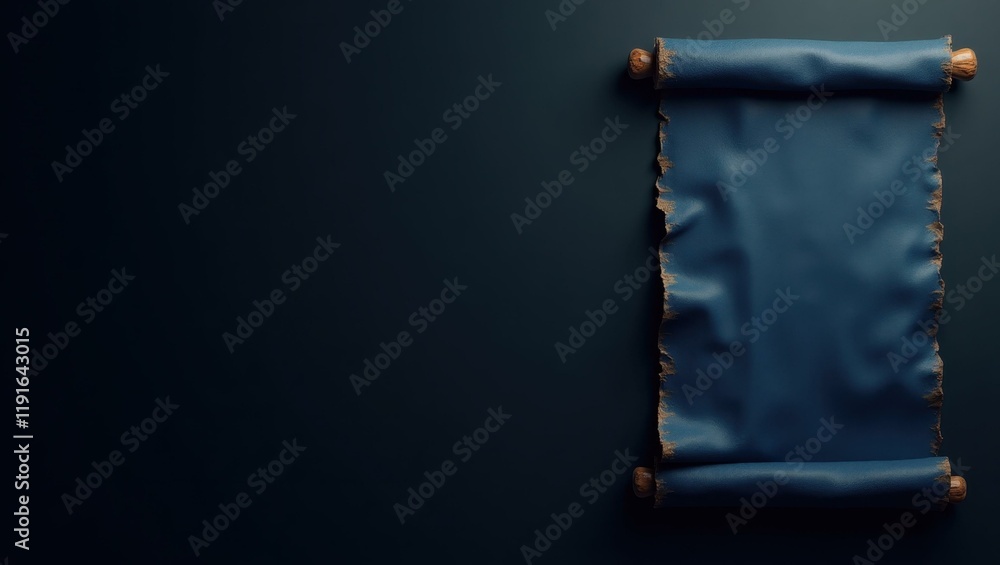 Poster rich blue ancient scroll on right. soft blue background. copy space for text, 3d render ai generated