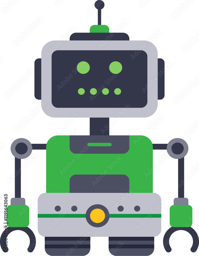 Poster green and grey friendly robot standing still and showing its mechanical arms, isolated on white back