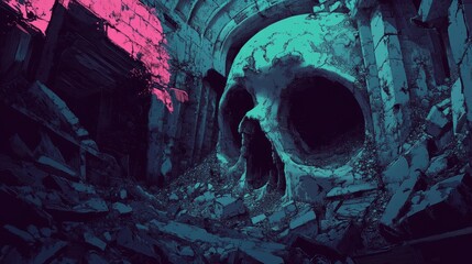Giant Skull Embedded In Ancient Ruins