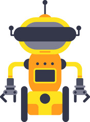 Fototapeta premium Friendly yellow robot is standing on wheels, with its claws open and an antenna on its head, suggesting advanced technology and playful automation