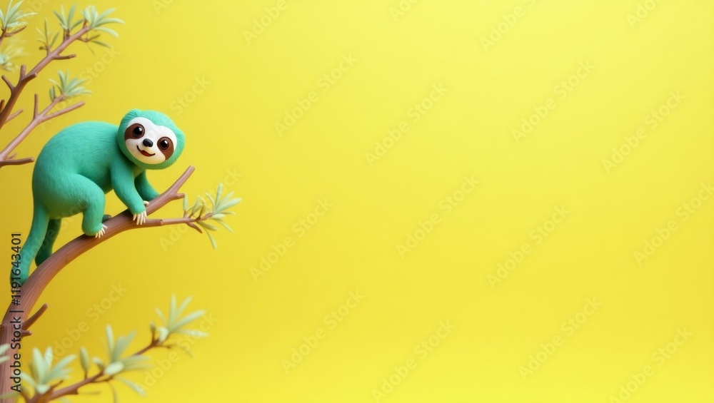 Poster mint green sloth on a branch on right. soft purple background. copy space for text, 3d render ai gen