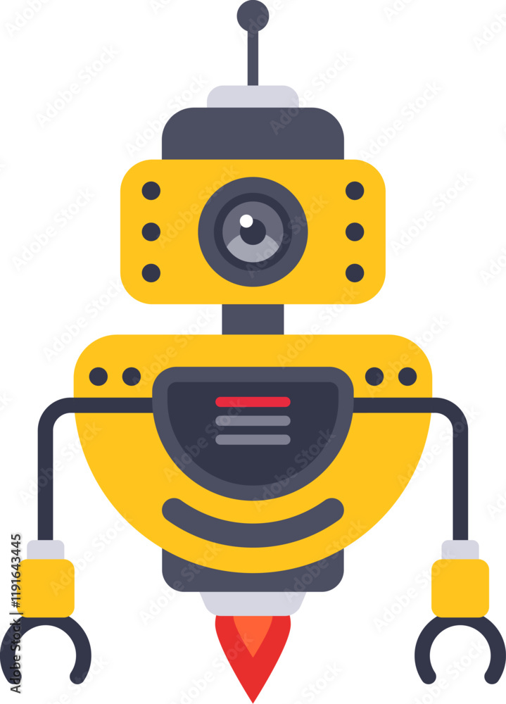 Poster yellow and gray friendly robot with a camera and claw arms, flying and hovering with rocket boosters