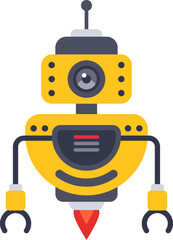 Yellow and gray friendly robot with a camera and claw arms, flying and hovering with rocket boosters, embodying the concept of artificial intelligence and futuristic technology