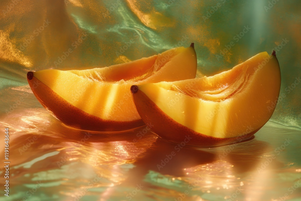 Poster slices of ripe melon with vibrant colors and reflections on a shiny surface
