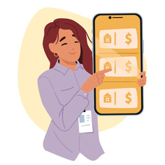 Woman real estate agent showing wide choice of property with different cost on mobile phone screen