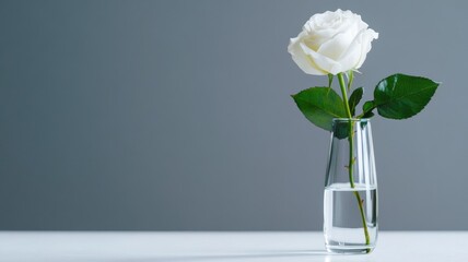 Single white rose in transparent glass vase against gray background