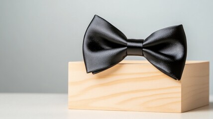 Black bow tie on wooden box, elegant fashion accessory for formal wear