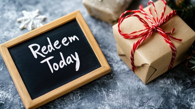 Gift boxes wrapped in brown paper with "Redeem Today" sign on chalkboard