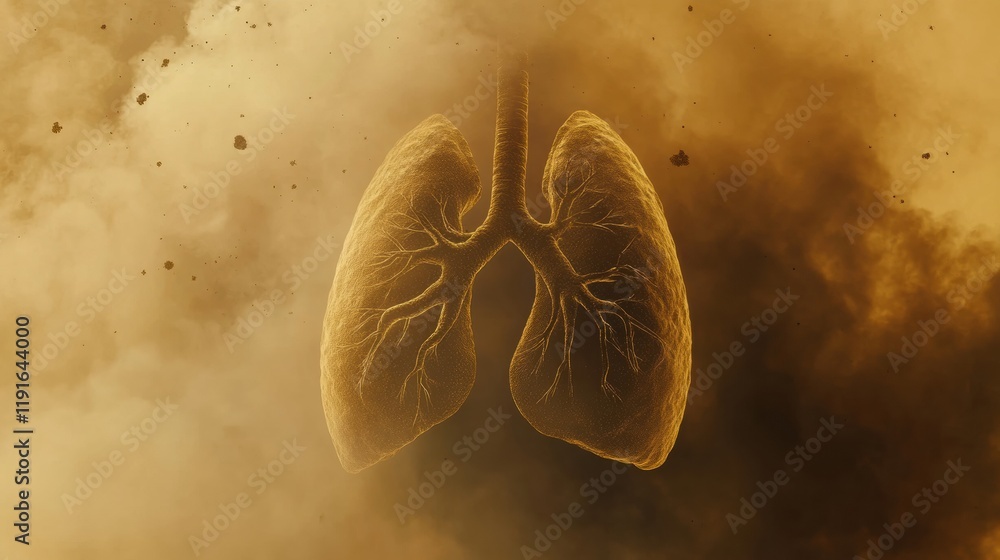 Poster lungs surrounded by smog and dust particles highlighting air pollution impact on health and environm