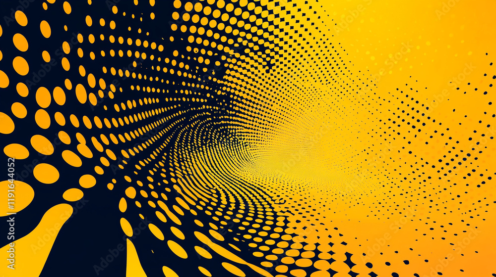 Poster dynamic abstract pattern in vibrant yellow and black featuring swirling dots