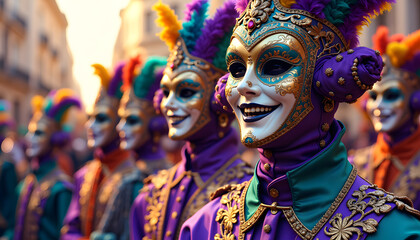 Fototapeta premium Vector illustration of carnival masks with feathers and glitter. Colorful masks decorated with bright feathers and decorative elements, reflecting the atmosphere of Mardi Gras.