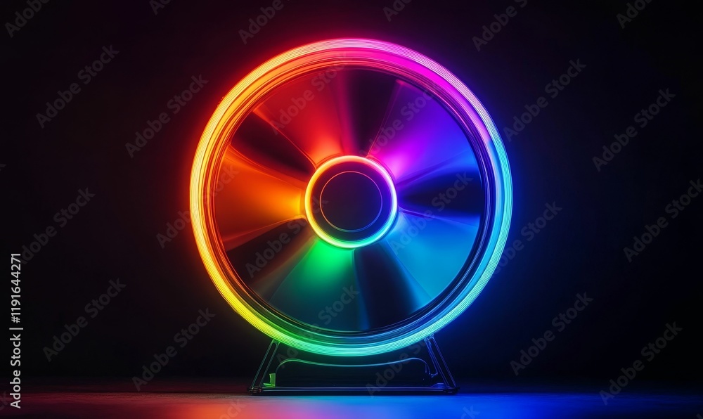 Poster circular object with vibrant, multicolored neon light.