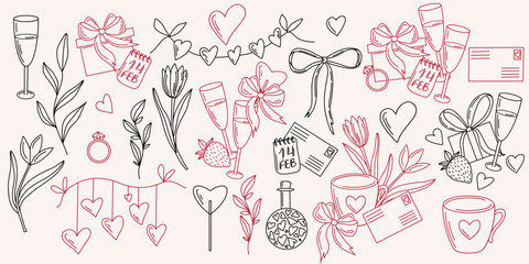 Hand drawn vector Valentines Day elements in outline style. hearts, flowers, gift boxes, ribbon, calendar, cups, strawberries, champagne and letters in black and red colors. Perfect for cards