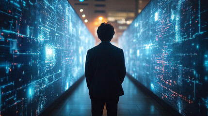 Futuristic data technology with dynamic computer visuals minimalistic showcasing advanced business concepts innovation high-tech environment blurred bright light tone caption space

