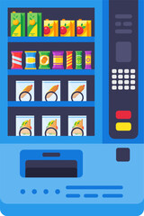 Vending machine offering various snacks and drinks including juice boxes, chips, hot dogs, and sandwiches, providing a convenient self service option for quick meals and refreshments
