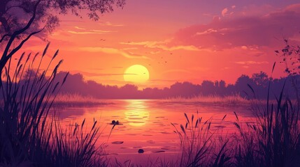 Obraz premium Serene Sunset Over Calm Lake Landscape