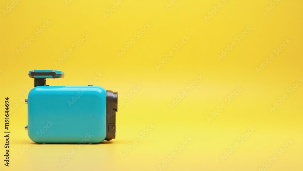 Poster cyan blue documentary drone camera on left. soft coral background. copy space for text, 3d render ai