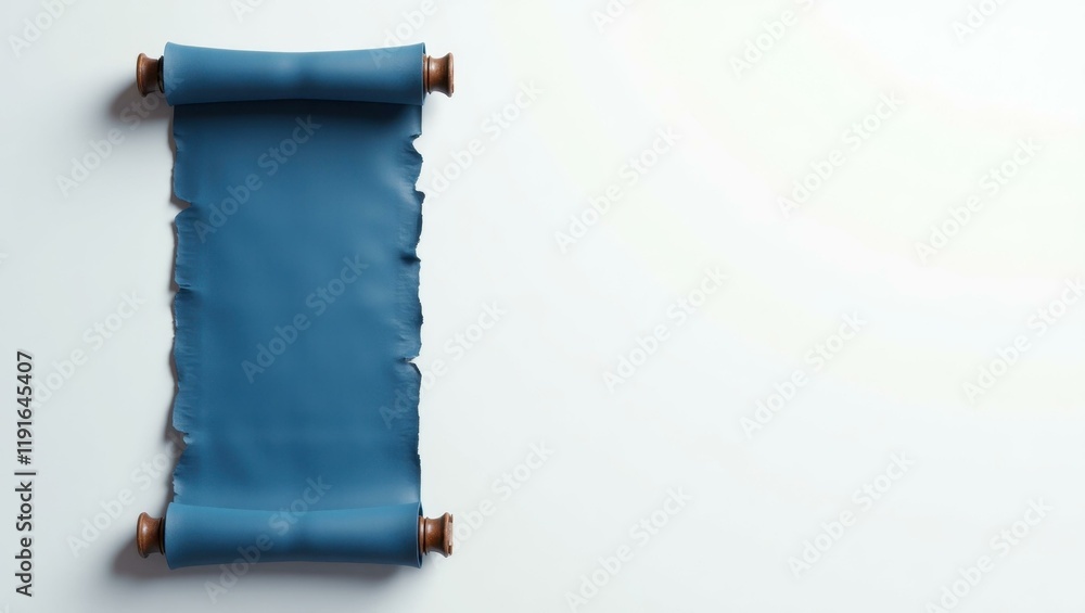 Poster rich blue ancient scroll on right. soft blue background. copy space for text, 3d render ai generated