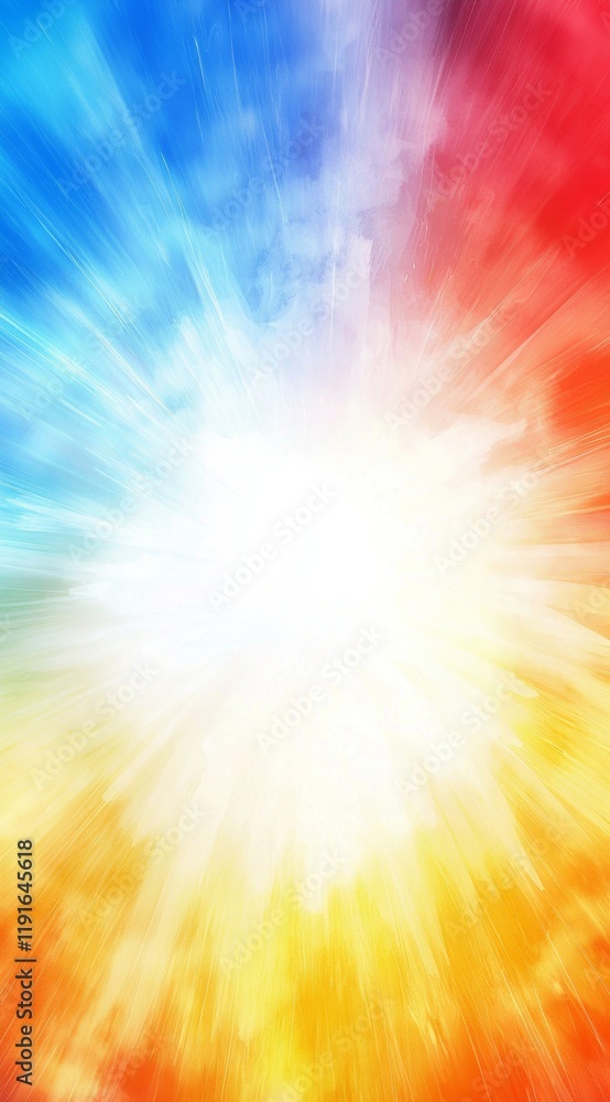 Poster vibrant rays of light expand outwards from a bright center against a backdrop of colorful clouds, cr