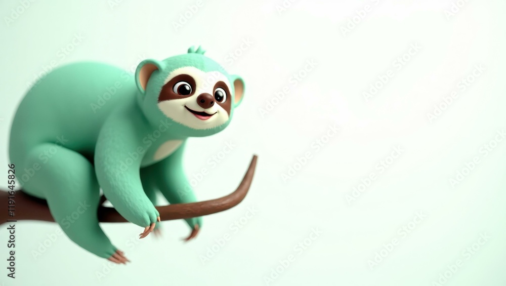Poster mint green sloth on a branch on right. soft purple background. copy space for text, 3d render ai gen