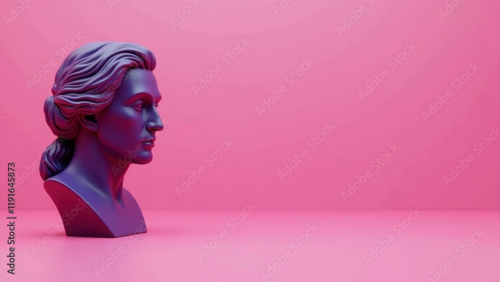 Poster plum philosopher's bust on right. soft coral background. copy space for text, 3d render ai generated