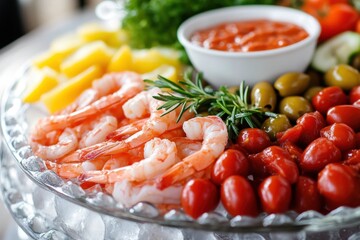 Fresh Shrimp and Vegetables on a Glass Plate with Ice, Served with a White Bowl of Sauce.