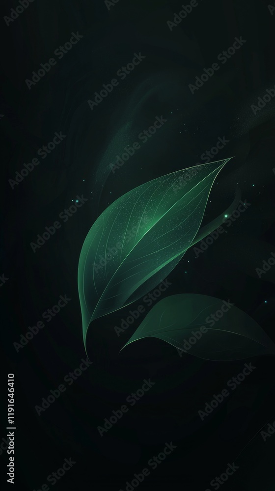 Poster two glowing green leaves are gently floating on a dark background, surrounded by small sparkling par