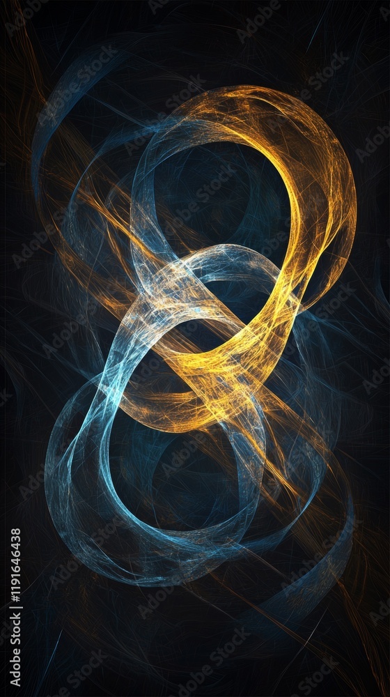 Poster golden and blue abstract curved lines intertwining and overlapping, forming an infinity symbol on a 