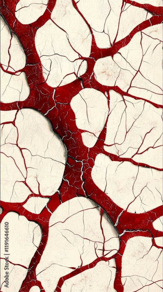Poster intricate network of red veins spreading across a cracked white surface, creating an abstract repres
