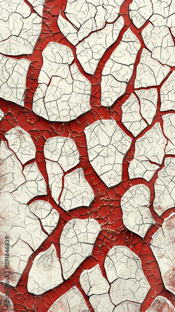 Poster close-up of cracked white paint on a vibrant red background forming an intricate abstract pattern, s