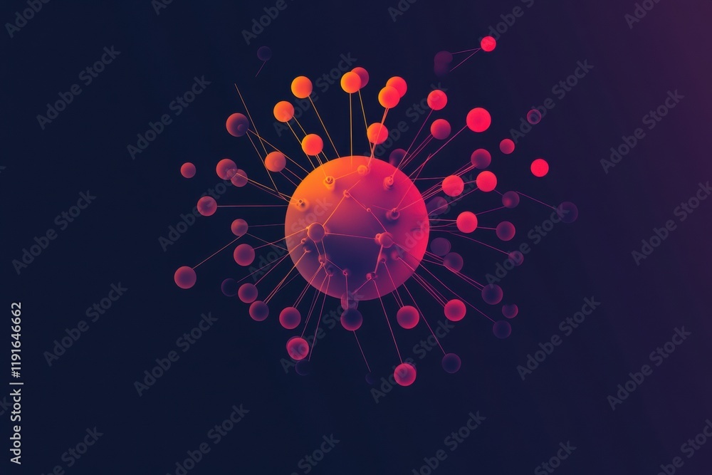 Poster Visual representation of a minimalistic virus structure using graphic designs and vibrant colors in a dark background. Generative AI