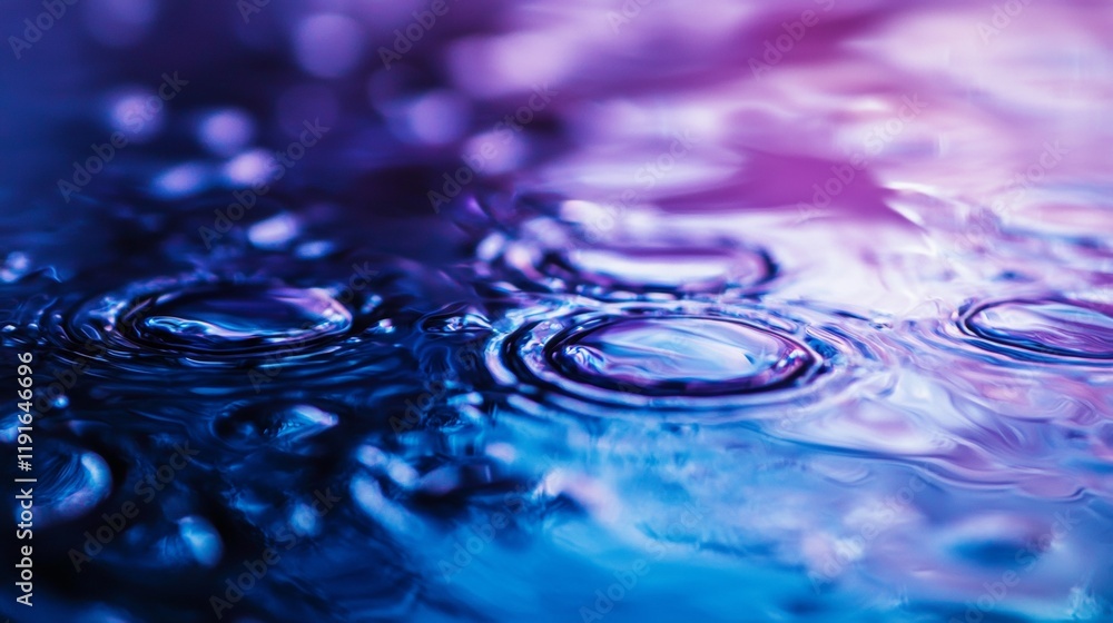 Poster close-up view of water droplets creating mesmerizing concentric ripples on a surface illuminated wit