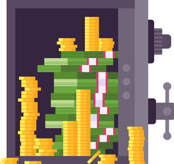 Fototapeta premium Pixel art illustration of an open safe box overflowing with gold coins and stacks of dollar banknotes, symbolizing wealth, savings, and financial success