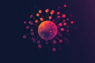 Visual representation of a minimalistic virus structure using graphic designs and vibrant colors in a dark background. Generative AI