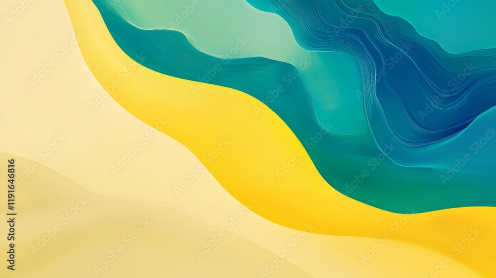 Poster smooth, undulating shapes in vibrant yellow, soft beige, and deep teal green create a captivating ab