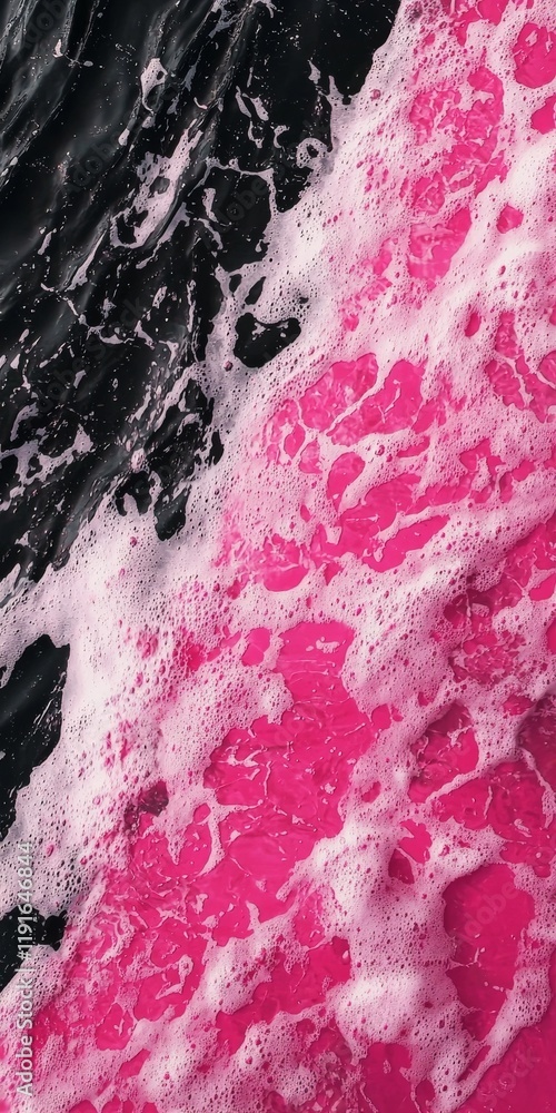 Poster pink and black water mixing together, creating a mesmerizing abstract pattern of foam and bubbles, p
